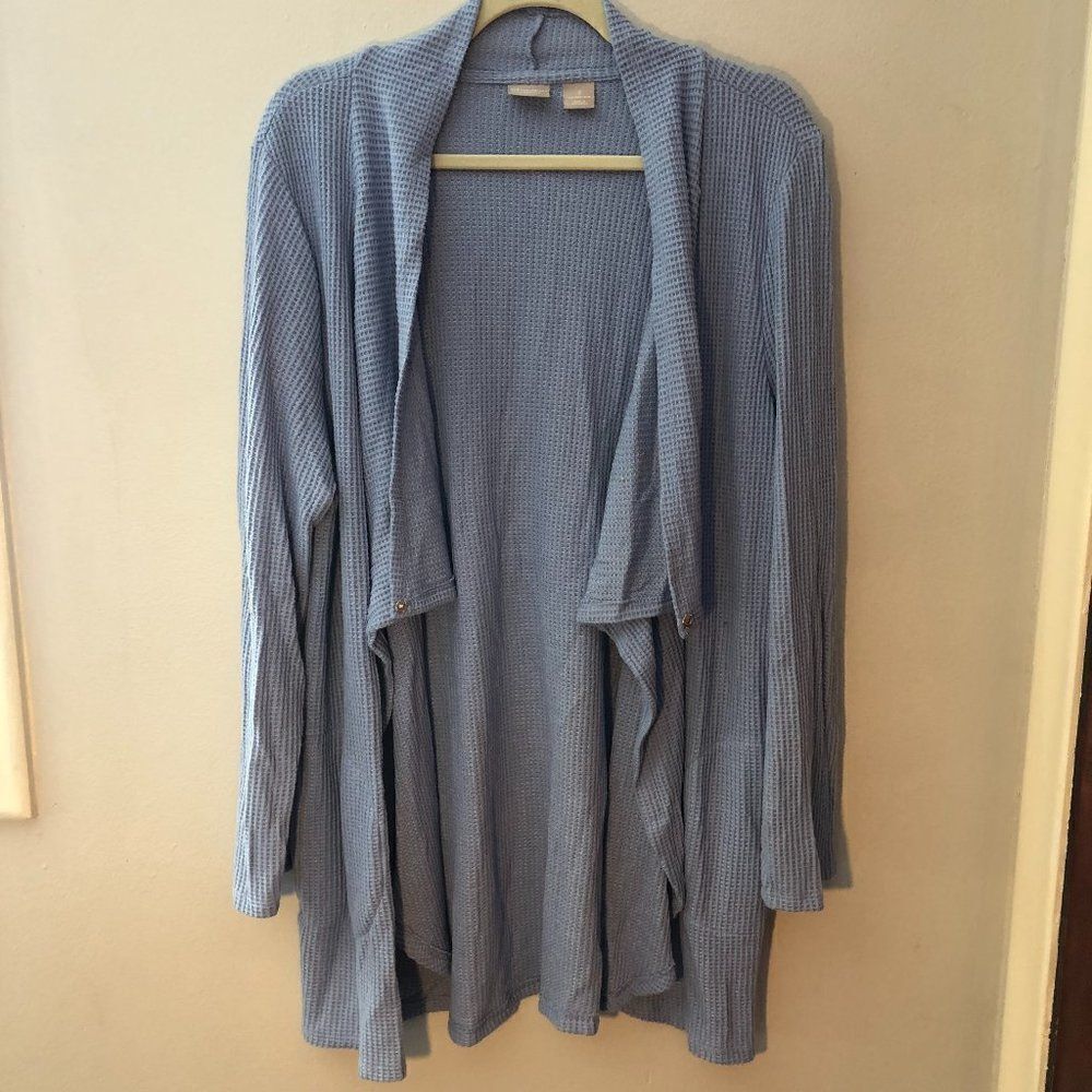 Chico's Cardigan Sweater Womens Size 3 light Blue waffle pattern Open Front.  KS